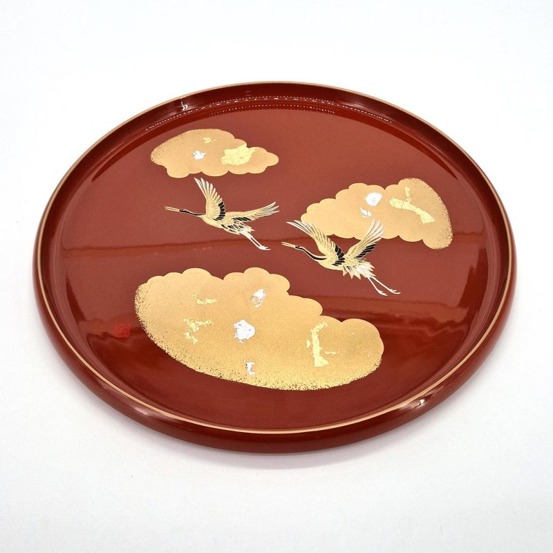 Round tray in red lacquered effect with crane and cloud motif - KISSHO TSURU 1