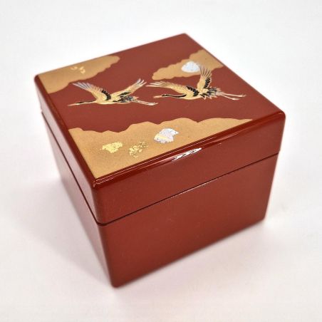 Caja de almacenamiento japonesa de resina roja con espejo con motivo de grulla japonesa, KISSHO TSURU