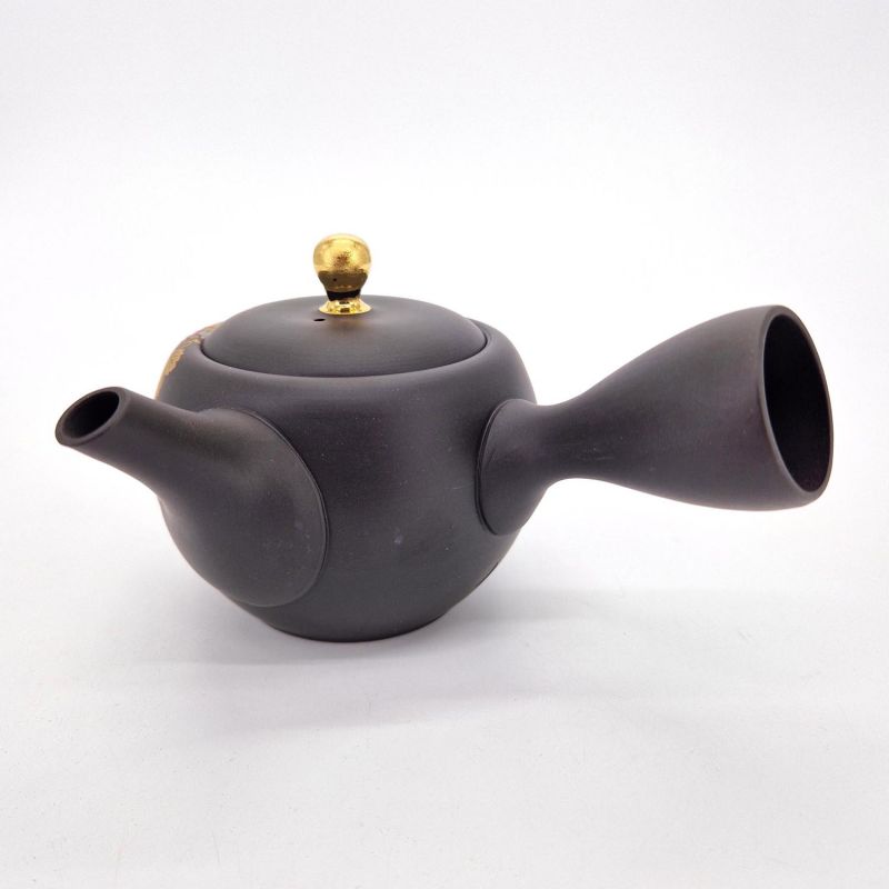 Japanische Kyusu-Teekanne aus schwarzem Tokoname-Ton mit Traubenmuster, Budō, 270 cl