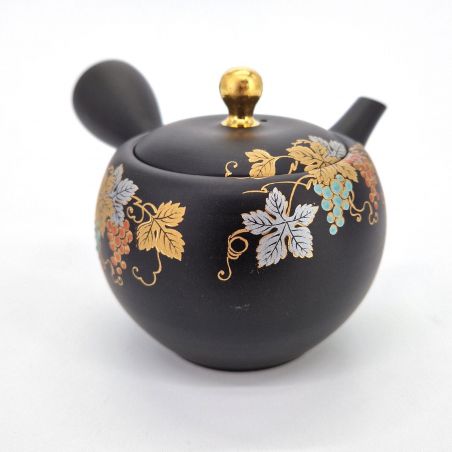 Teiera giapponese kyusu in argilla nera tokoname con motivo uva, Budō, 270 cl