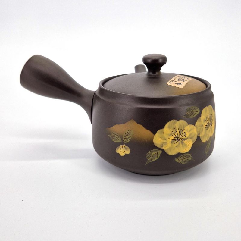 Japanische Kyusu-Teekanne aus brauner Keramik, Kiiroi Hana, 0,370 l