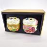 Duo of round Japanese tea boxes, brown and pink, FURUKO, 150gr