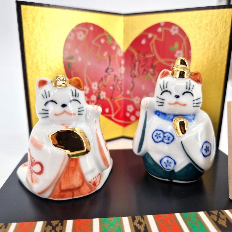 couple de chats japonais mariés en céramique - MANEKINEKOHINA DOLL - 6 cm