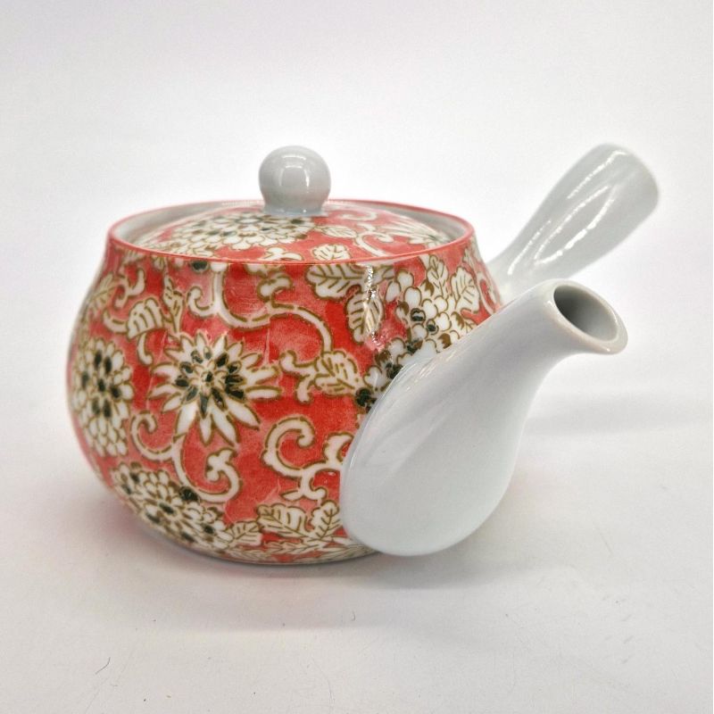 Japanese ceramic kyusu teapot, white with pink flowers, PINKU NO HANA