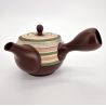 Théière kyusu japonaise tokoname marron motifs lignes rose et verte,SUTORAIPO, 350 cc