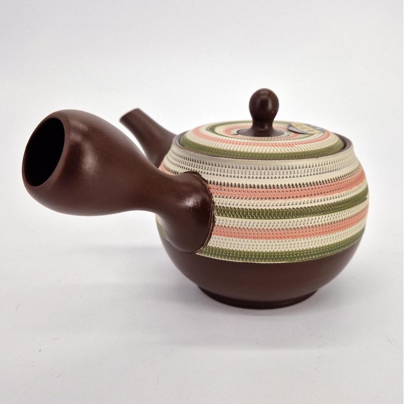 Japanese kyusu teapot tokoname brown pink and green line patterns, SUTORAIPO, 350 cc