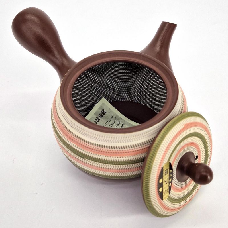 Japanese kyusu teapot tokoname brown pink and green line patterns, SUTORAIPO, 350 cc