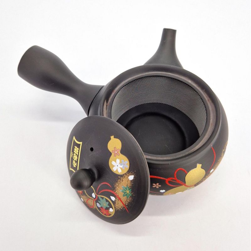 Théière kyusu japonaise en terre tokoname noire motif gourde, HYOTAN, 33 cl