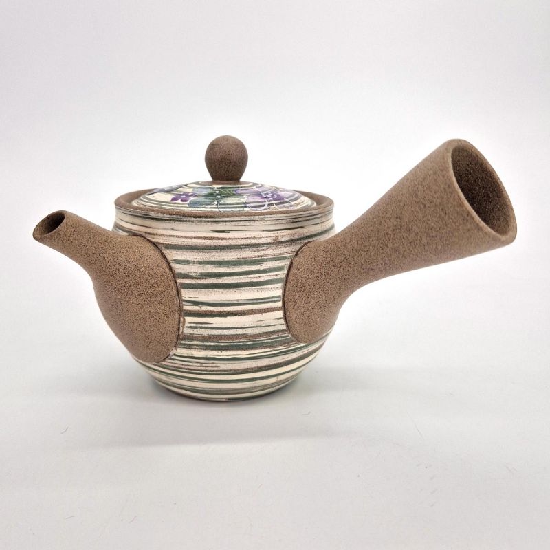 Teiera giapponese kyusu in terra grigia con motivo floreale viola, Murasaki no hana, 420 cc