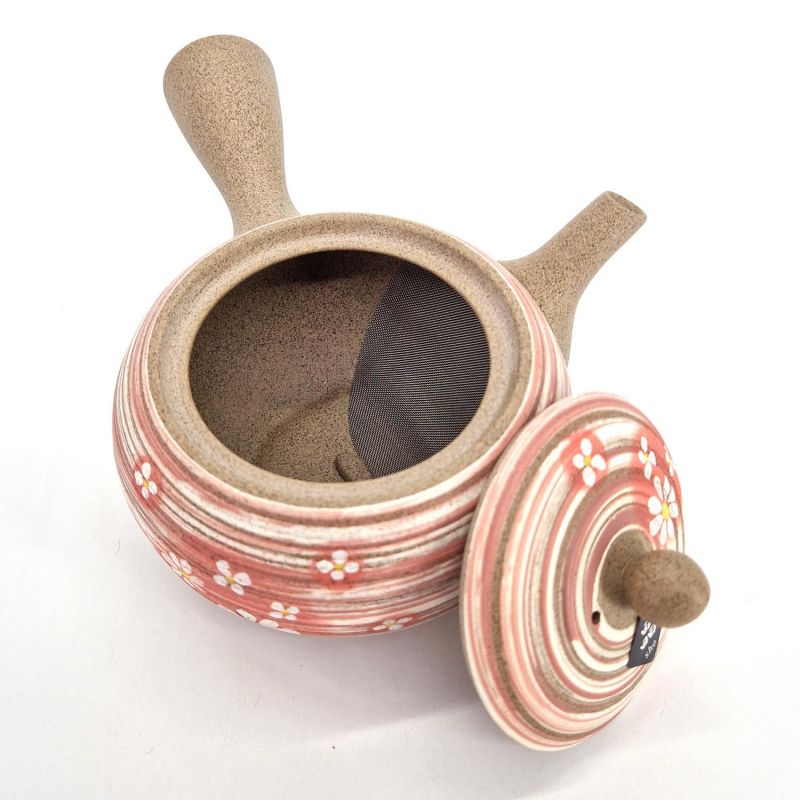 Japanese kyusu teapot in gray earthenware with pink flower pattern, Pinku no hana, 410 cc