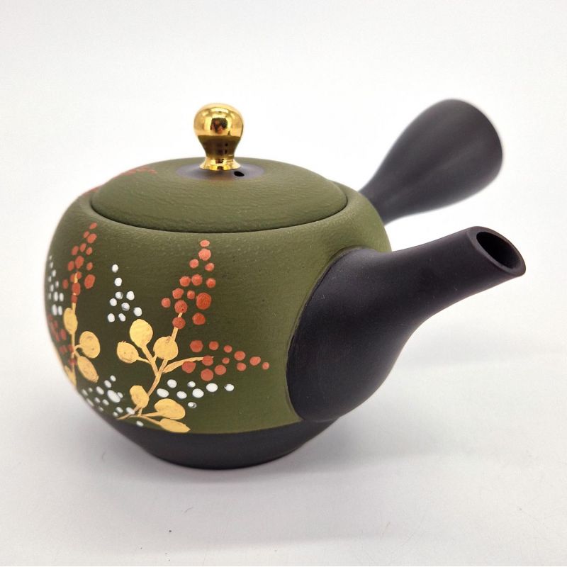 Teiera giapponese Kyusu in terra tokoname nera e verde con motivo a felce, SHIDA, 320 cc