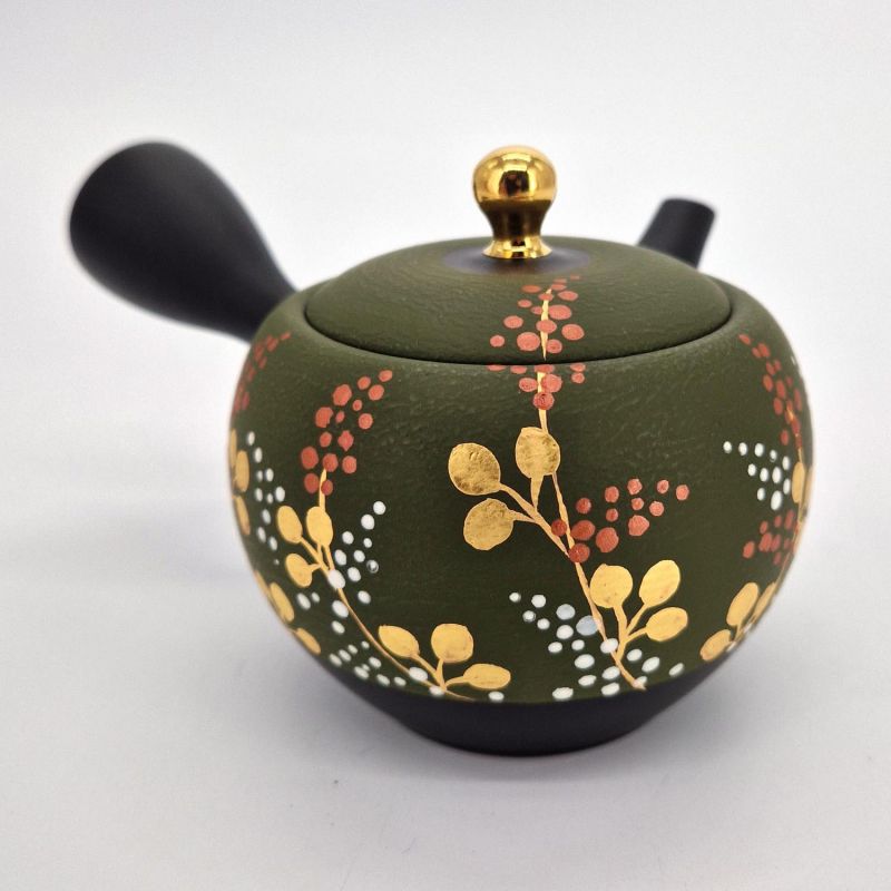 Théière kyusu japonaise en terre tokoname noire et vert motif fougères, SHIDA, 320 cc