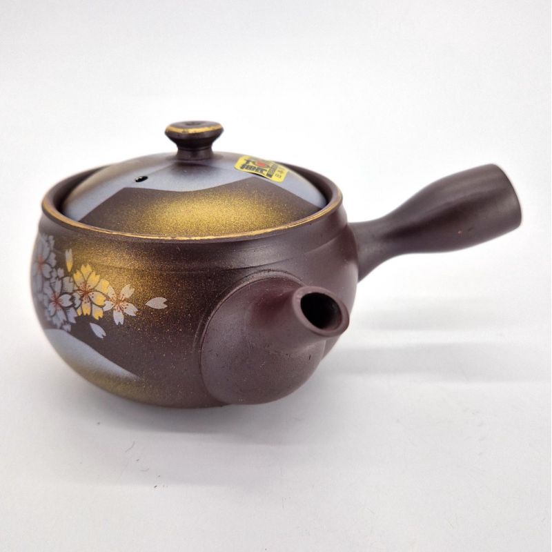 Japanese kyusu teapot in black tokoname clay with AKA FUJI pattern, 340 cc