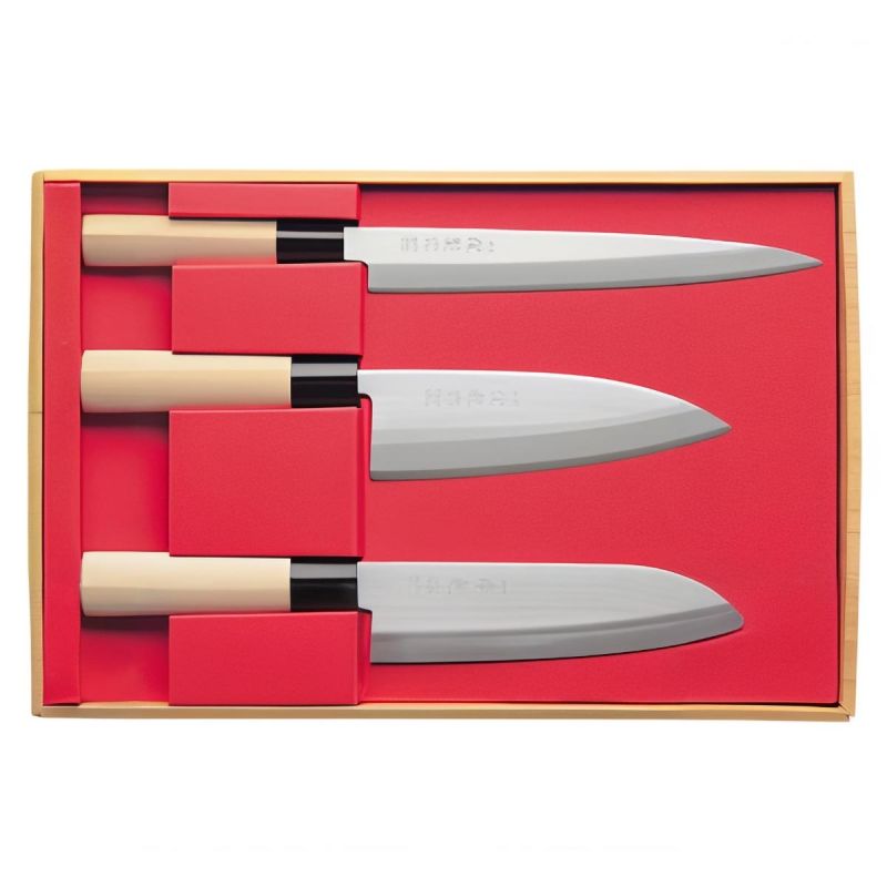 Schachtel mit 3 japanischen SEKIRYU-Messern - SANTOKU & DEBA & SASHIMI