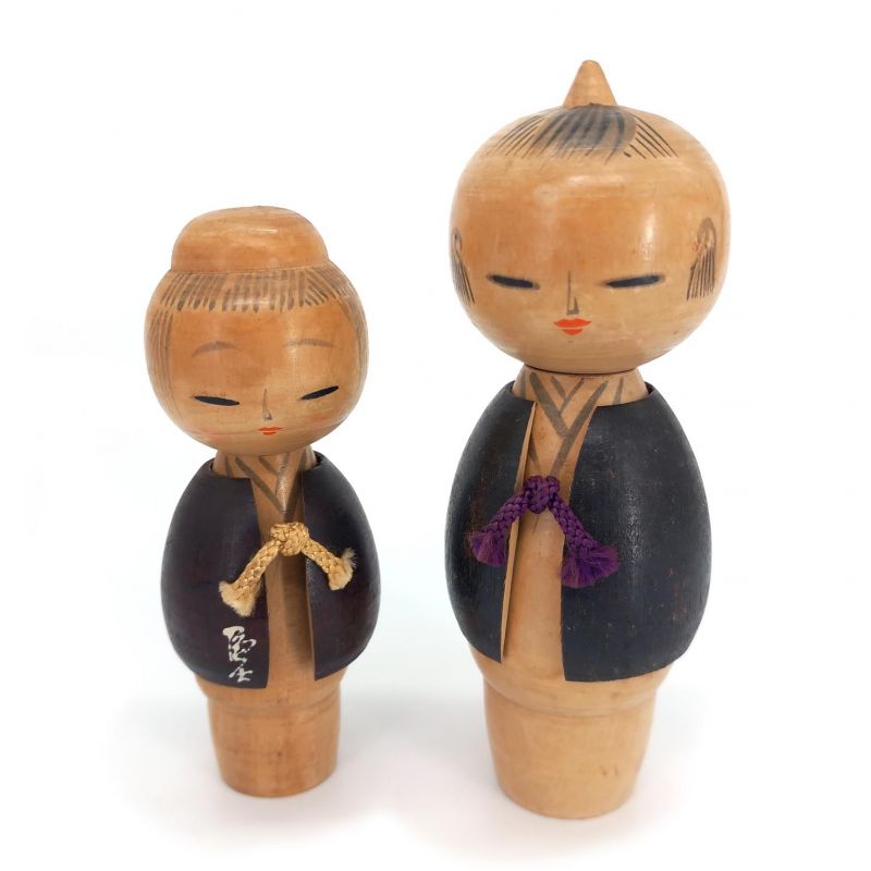 Duo di bambole giapponesi in legno, KOKESHI VINTAGE, 15 e 13 cm