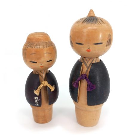 Duo of Japanese wooden doll, KOKESHI VINTAGE, 15 and 13 cm