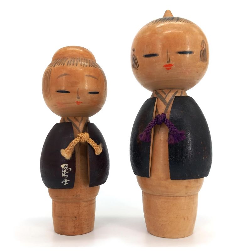 Duo di bambole giapponesi in legno, KOKESHI VINTAGE, 15 e 13 cm