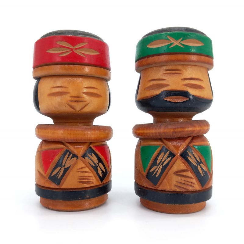 Duo japanischer Holzpuppen, AINU KOKESHI VINTAGE, 12,5 cm