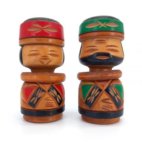 Duo japanischer Holzpuppen, AINU KOKESHI VINTAGE, 12,5 cm