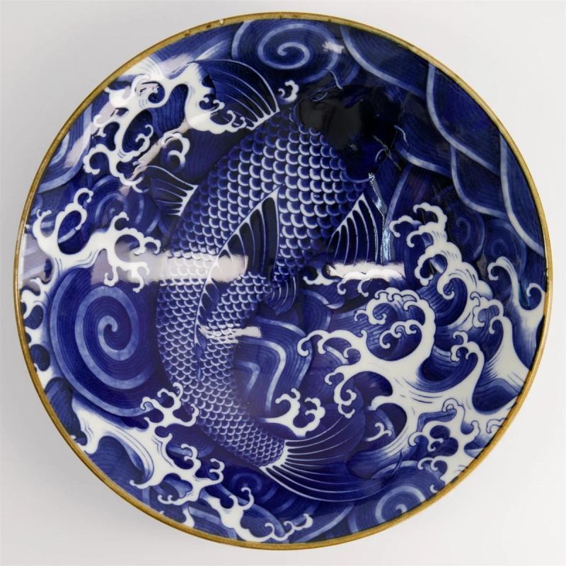 Japanese flat blue bowl in ceramic, KOI, carp