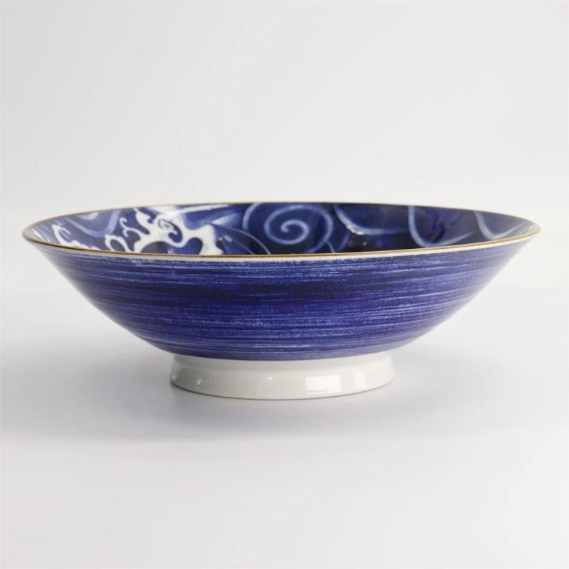 Japanese flat blue bowl in ceramic, KOI, carp