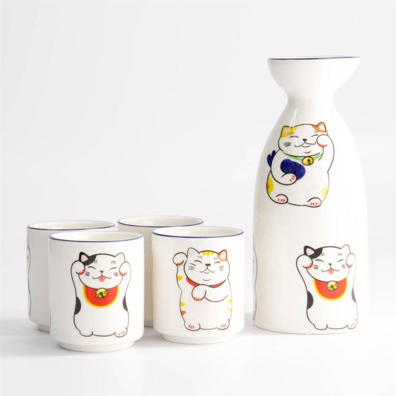 Servicio de sake una botella y 4 tazas, MANEKINEKO