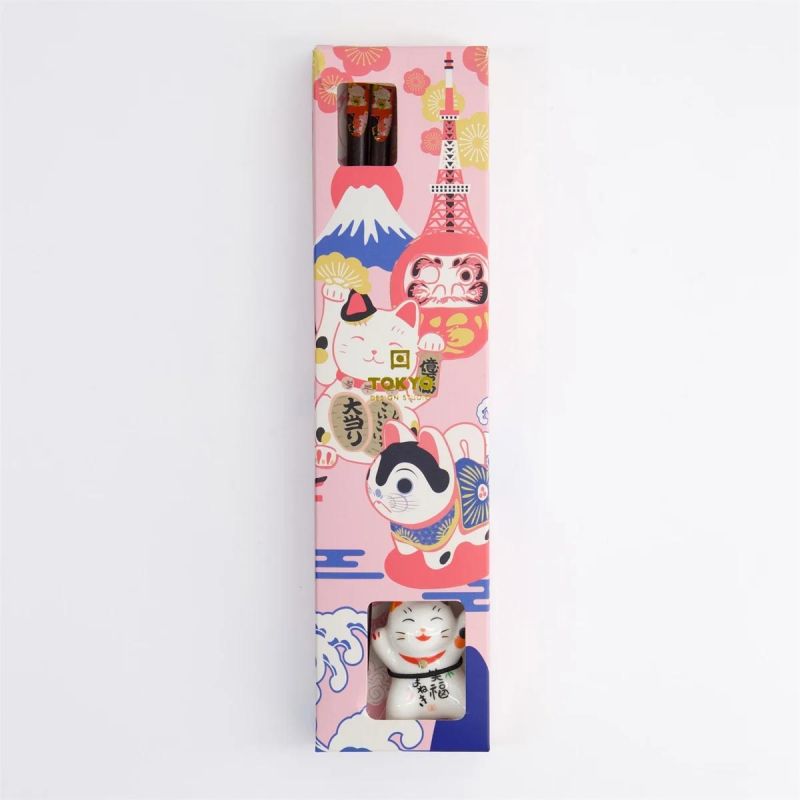 Coffret cadeau baguettes Tokyo rouge avec repose Lucky Cat