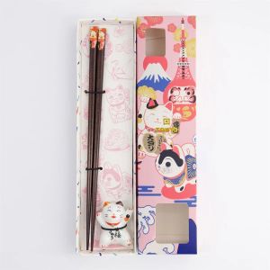 Coffret cadeau baguettes Tokyo rouge avec repose Lucky Cat