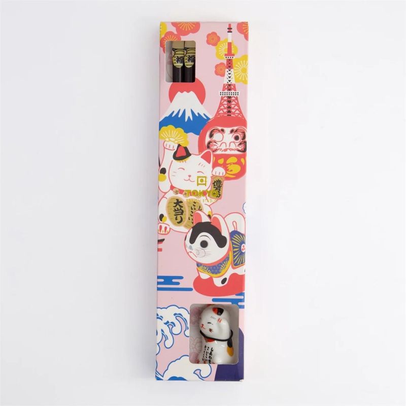 White Tokyo chopsticks gift box with Lucky Cat rest