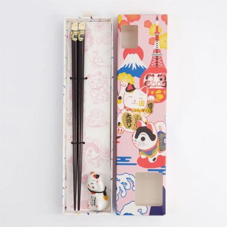 Coffret cadeau baguettes Tokyo blanc avec repose Lucky Cat