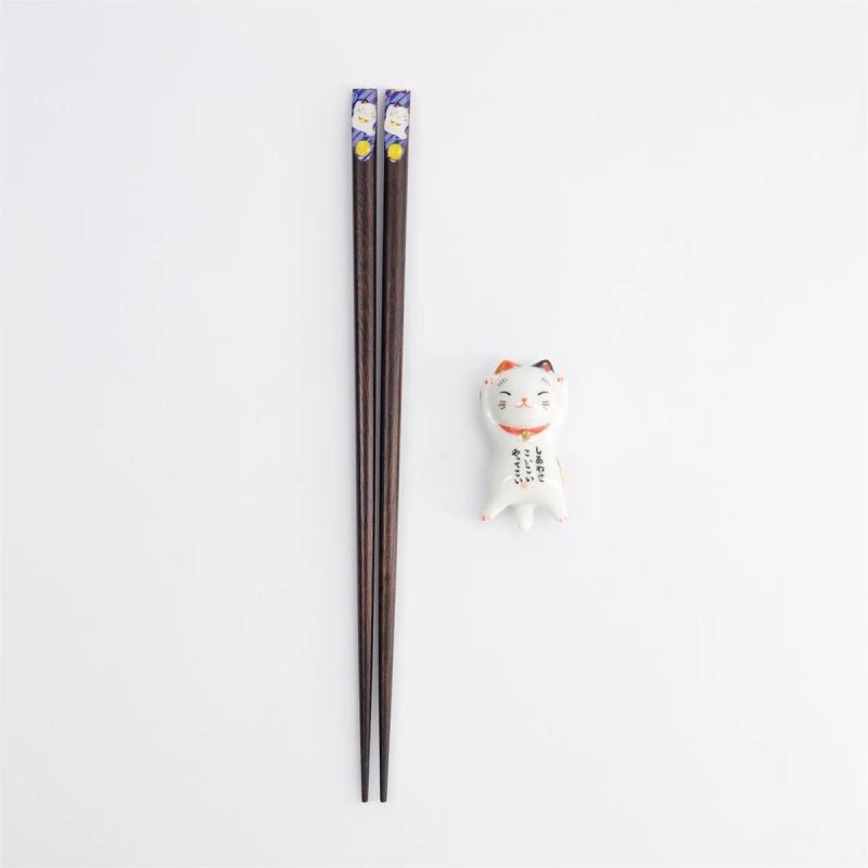 Coffret cadeau baguettes Tokyo bleu avec repose Lucky Cat