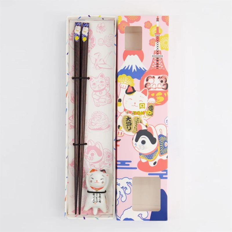 Coffret cadeau baguettes Tokyo bleu avec repose Lucky Cat