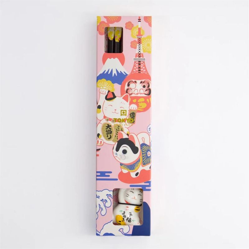 Yellow Tokyo chopsticks gift box with Lucky Cat rest