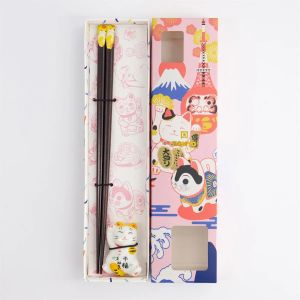 Yellow Tokyo chopsticks gift box with Lucky Cat rest