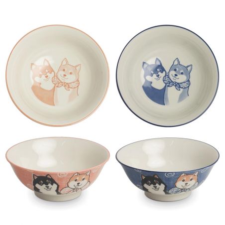 Duo aus japanischen Suppenschüsseln aus Keramik, rosa und blau – SHIBA INU