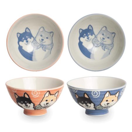 Japanese ceramic rice bowl duo, pink and blue - SHIBA