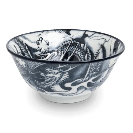 Japanese ceramic ramen bowl RYU dragon, blue and white