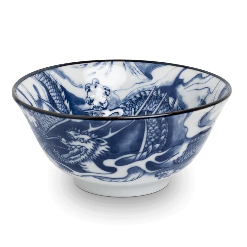 Japanische Ramenschale aus Keramik Drache RYU, blau und weiß