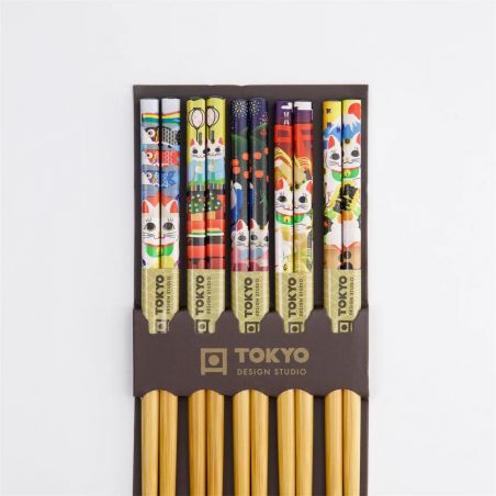 5 colors japanese chopsticks set in wood cats MANEKINEKO