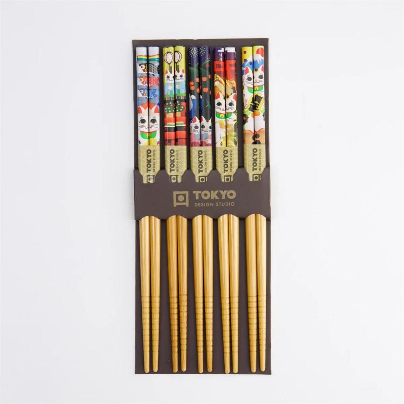 5 colors japanese chopsticks set in wood cats MANEKINEKO