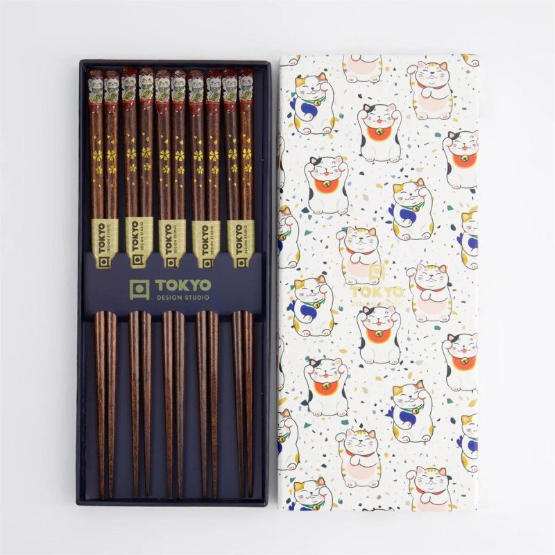 Set de 5 palillos de madera, estampados de gatos + caja MANEKINEKO