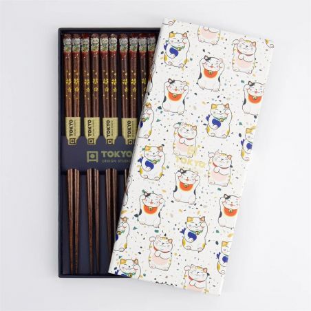 Set de 5 palillos de madera, estampados de gatos + caja MANEKINEKO