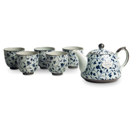 Grey and blue ceramic teapot and 4 cups set - AO KARAKUSA