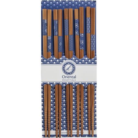 Set of 5 pairs of Japanese chopsticks with blue patterns