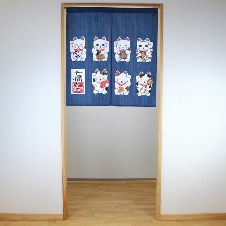 Japanischer Noren-Vorhang aus blauem Polyester, Manekineko