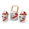 Set théière et 4 tasses -blanc et rouge - motif Grue en céramique