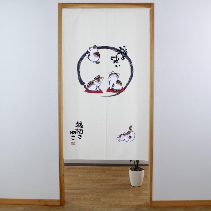 Japanese noren curtain cats, polyester, 85 x 150 cm, NEKO Fukuyokoi