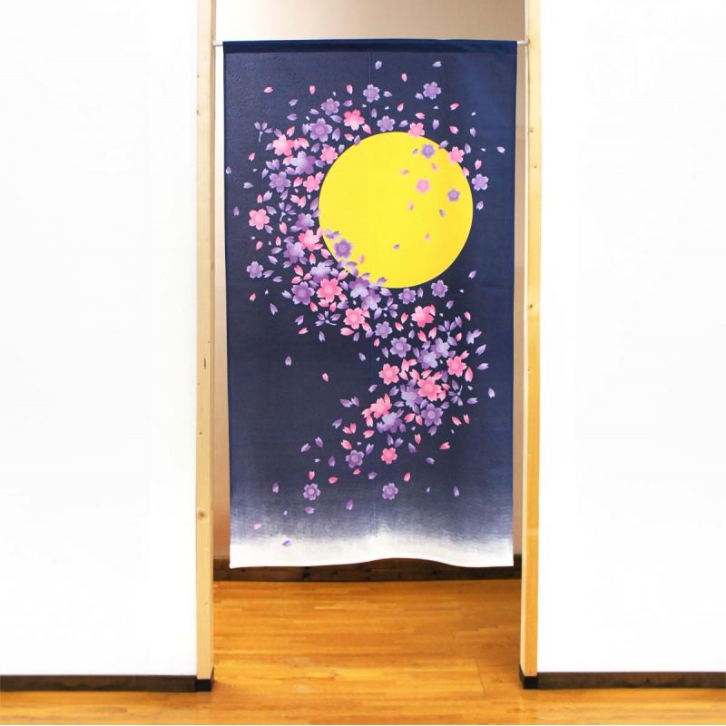 Rideau japonais Noren en polyester, 85 x 150 cm, Lune et fleurs, TSUKI NO SAKURA