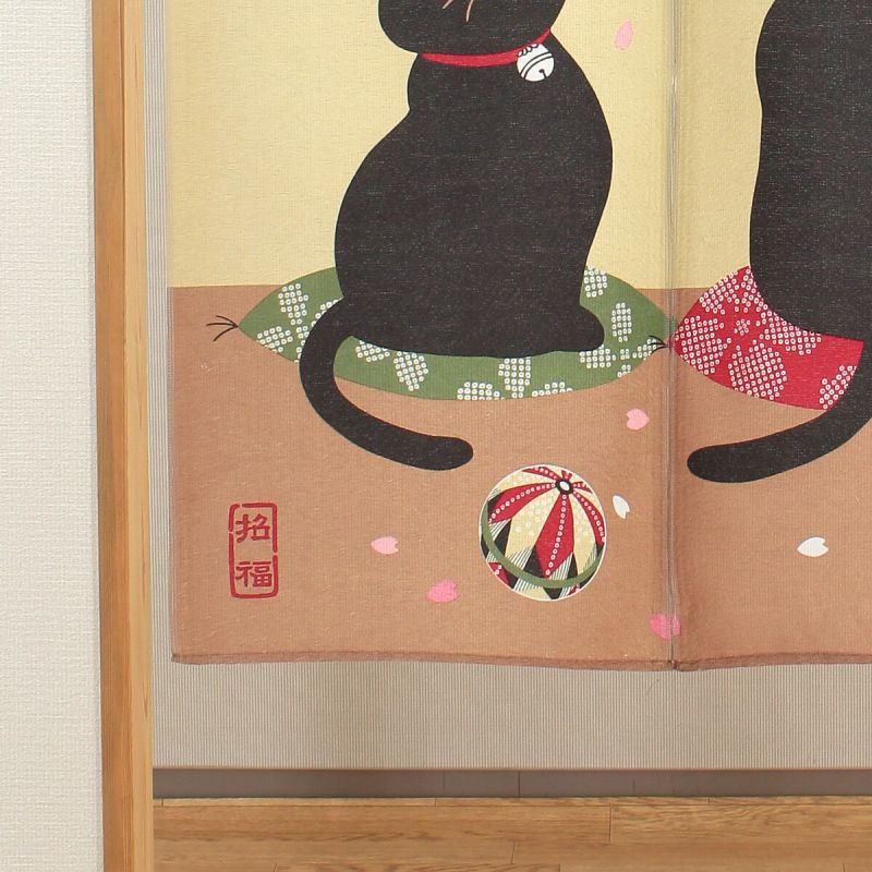 Cortina japonesa Noren, poliéster, 85 x 150 cm, 2 gatos negros, KURO NEKO