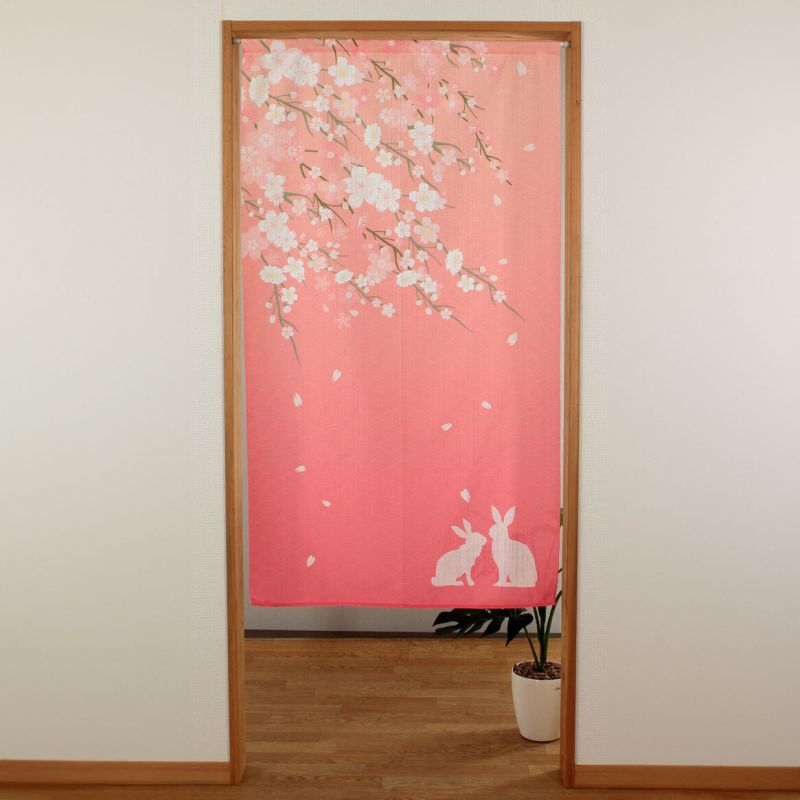 rideau noren japonais, rose, polyester, 85 x 150 cm, 2 lapins, USAGI PINKU